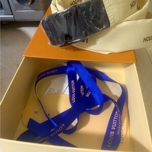 Louis Vuitton Black LV Buckle Monogram Belt with Blue Ribbon Accents